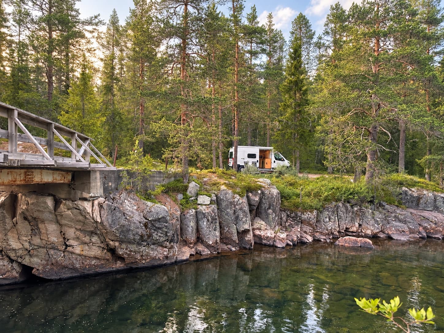 Campervan with its sliding door open in a pine forest beside rocks and clear water