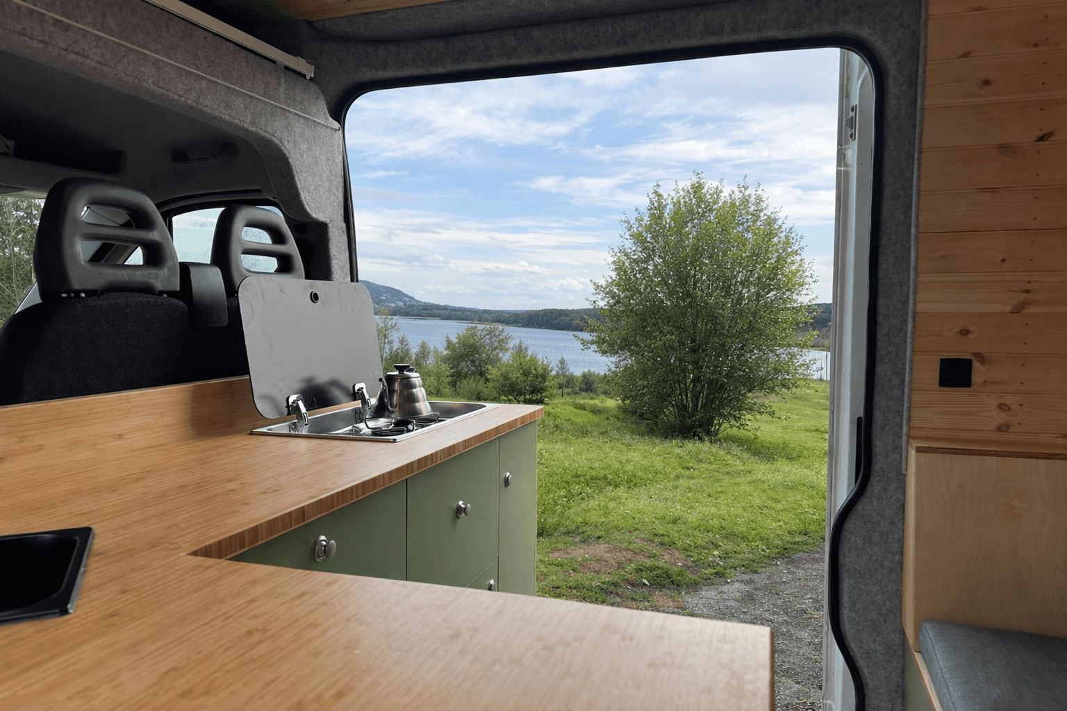 Campervan kitchen with a view